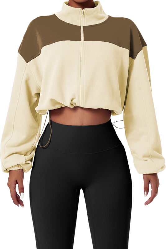 Beige Color Block Drawstring Cropped Athleisure Jacket