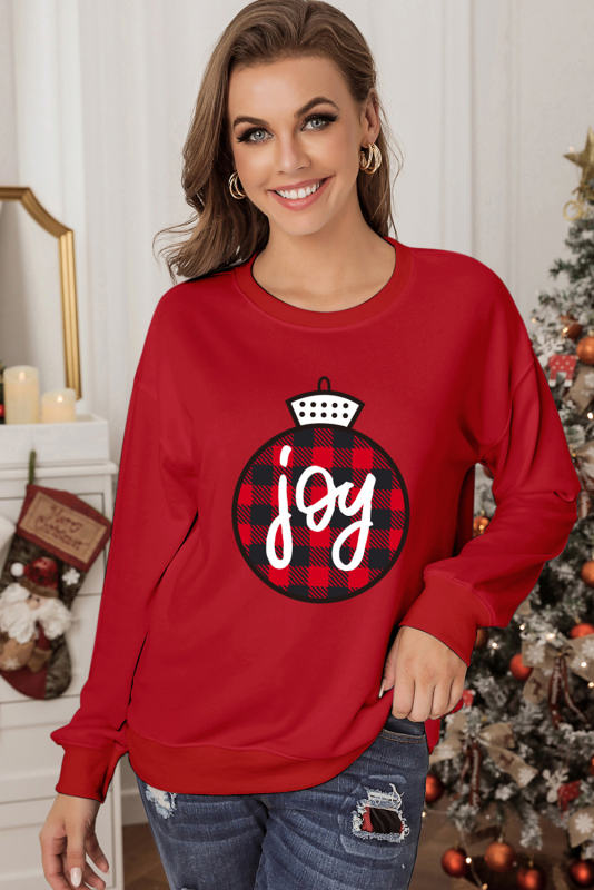Red joy Plaid Christmas Print Crew Neck Sweatshirt