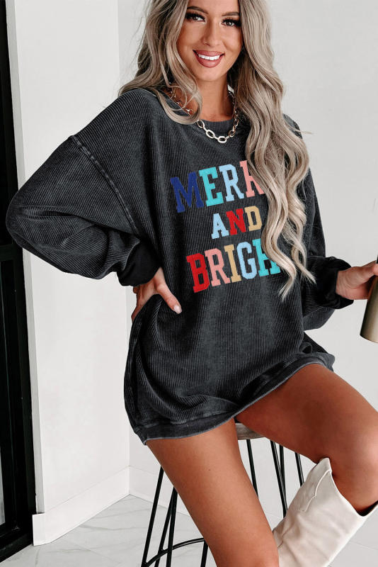 Black MERRY AND BRIGHT Embroidered Corded Sweatshirt