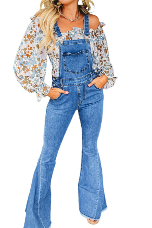 Dark Blue Adjustable Buckle Strap Flare Leg Denim Overalls