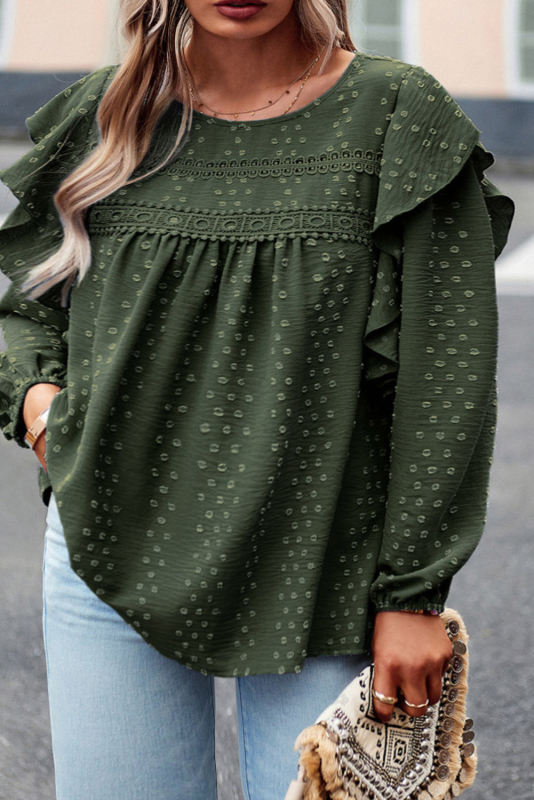 Mist Green Plus Lace Dotty Embellished Ruffle Long Sleeve Top