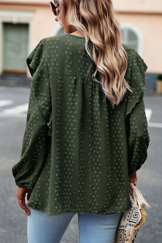 Mist Green Plus Lace Dotty Embellished Ruffle Long Sleeve Top