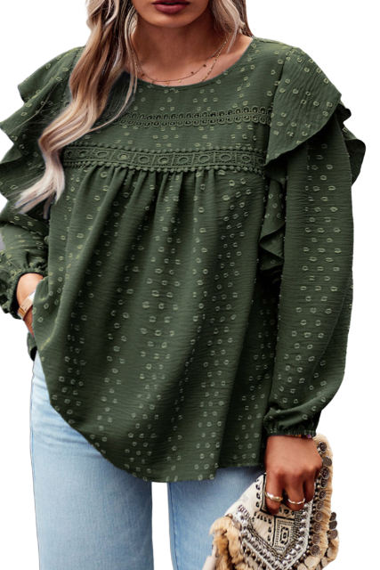 Mist Green Plus Lace Dotty Embellished Ruffle Long Sleeve Top
