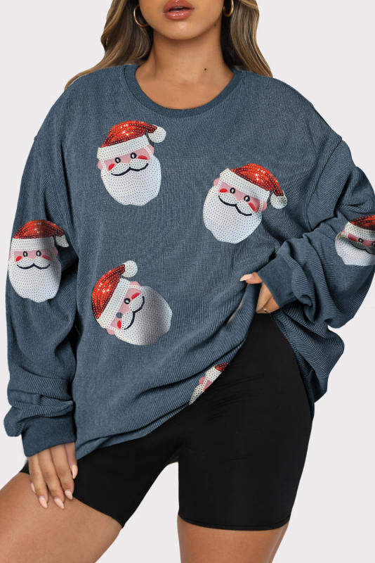 Blue Plus Size Sequined Santa Claus Corded Sweatshirt