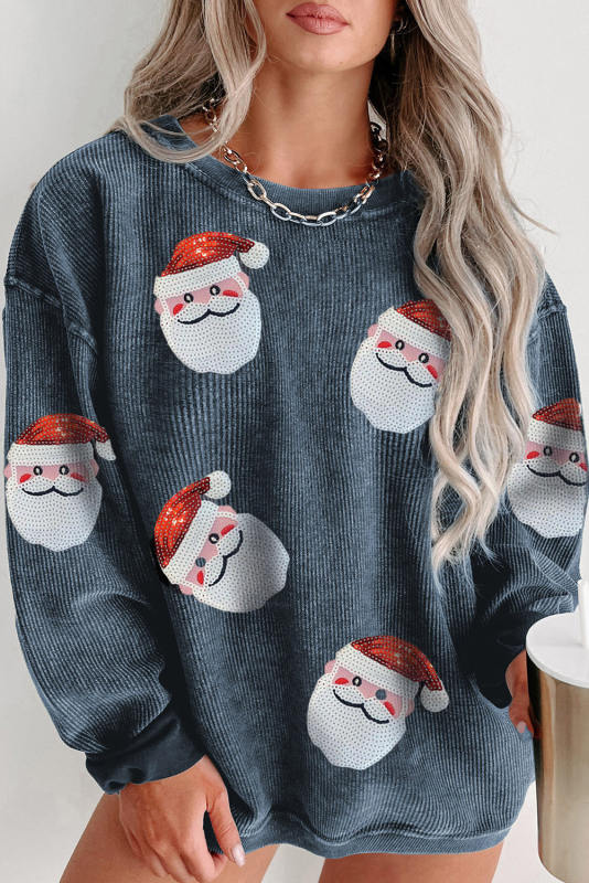 Blue Plus Size Sequined Santa Claus Corded Sweatshirt