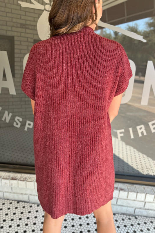 Red Dahlia Patch Pocket Ribbed Knit Short Sleeve Sweater Dress