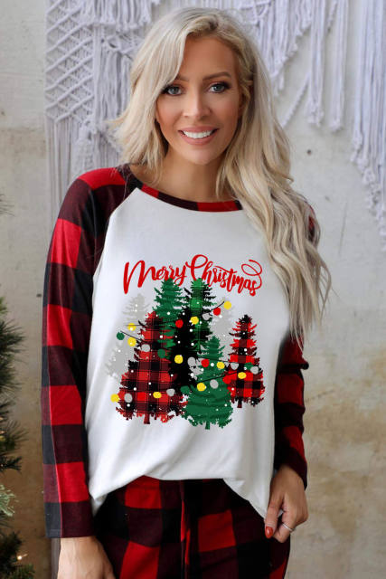 Red Christmas Tree Buffalo Plaid Print Two Piece Lounge Set