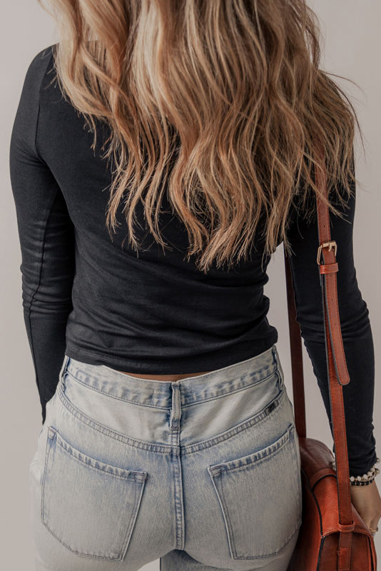 Black Solid Long Sleeve Slim Fit Tee