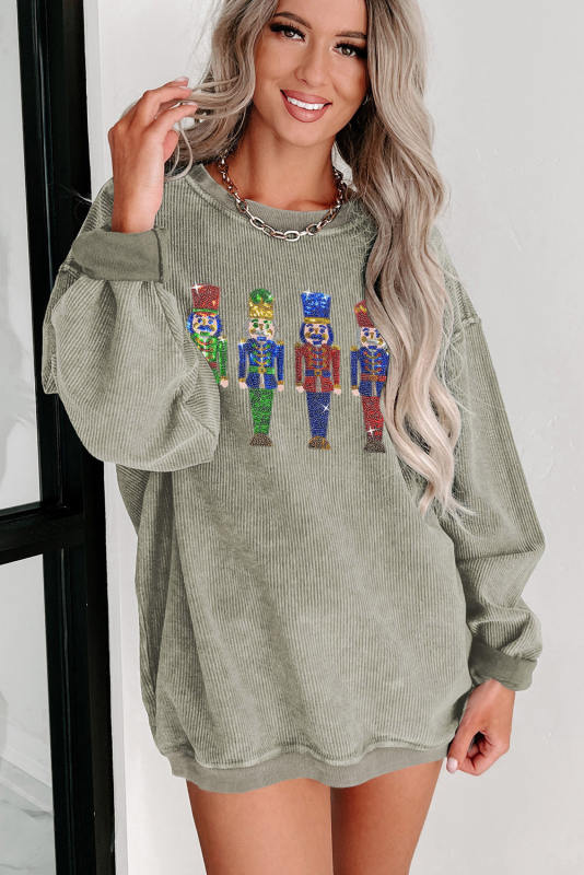 Green Sequined Nutcracker Doll Corded Baggy Sweatshirt