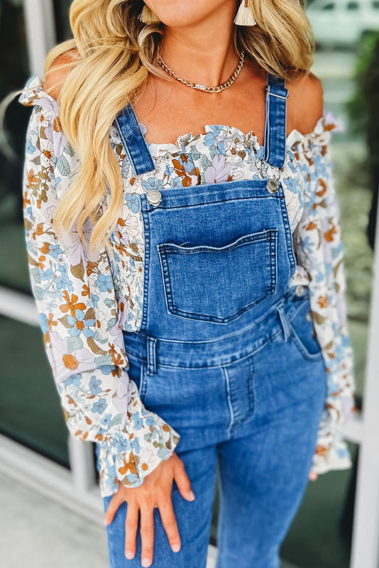 Dark Blue Adjustable Buckle Strap Flare Leg Denim Overalls