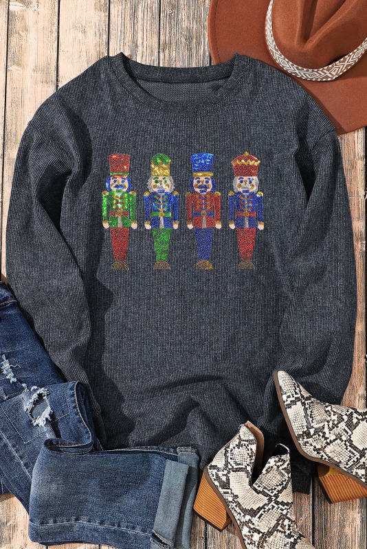 Gray Sequined Nutcracker Doll Corded Baggy Sweatshirt