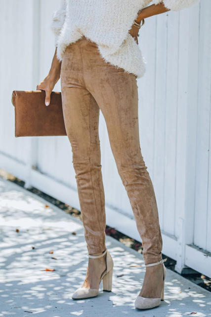 Camel Plus Size High Rise Faux Suede Skinny Pants