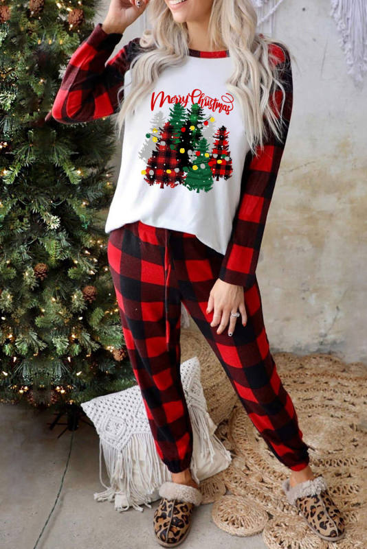 Red Christmas Tree Buffalo Plaid Print Two Piece Lounge Set