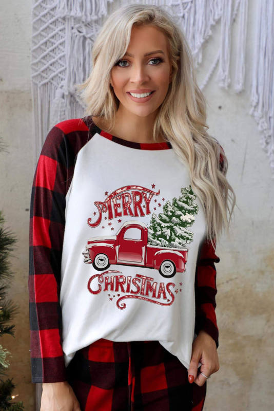 Red MERRY CHRISTMAS Plaid Print Two Piece Loungewear