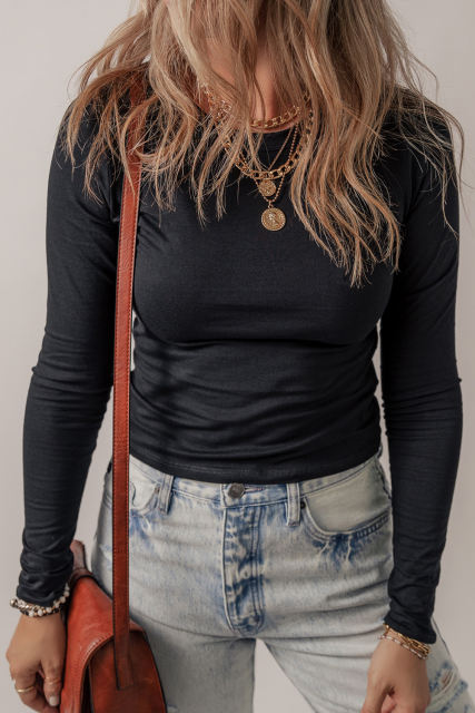 Black Solid Long Sleeve Slim Fit Tee