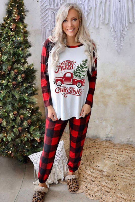Red MERRY CHRISTMAS Plaid Print Two Piece Loungewear