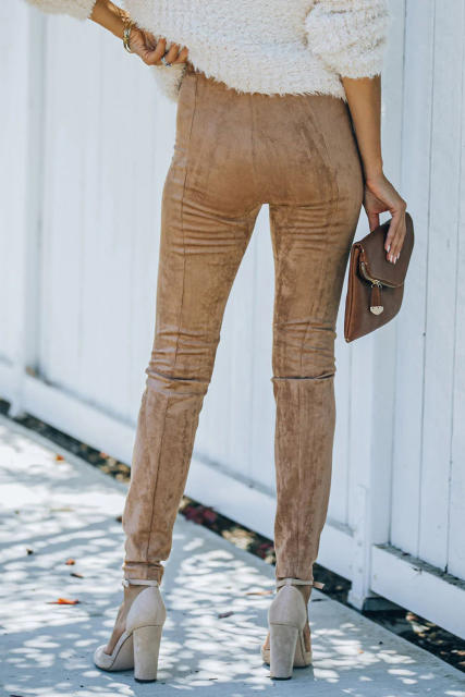 Camel Plus Size High Rise Faux Suede Skinny Pants