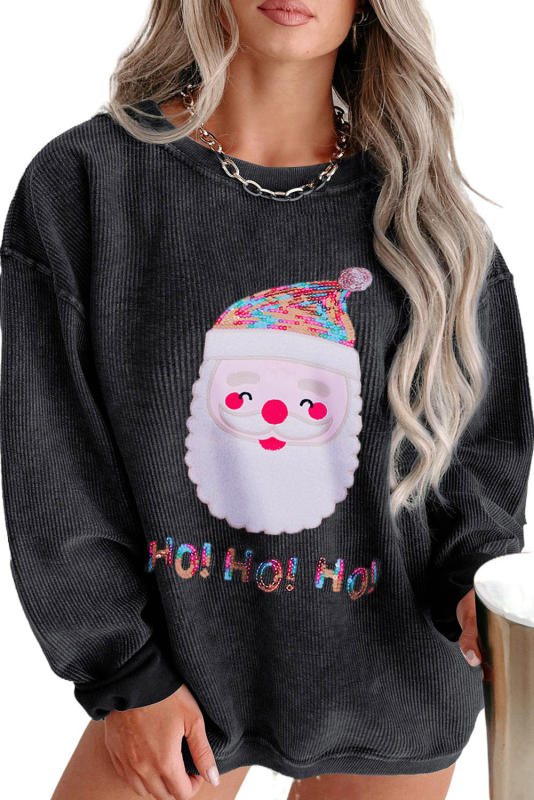 Black Plus Size HO HO HO Santa Graphic Corded Sweatshirt