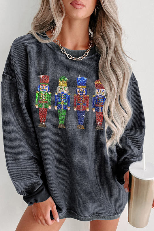Gray Sequined Nutcracker Doll Corded Baggy Sweatshirt