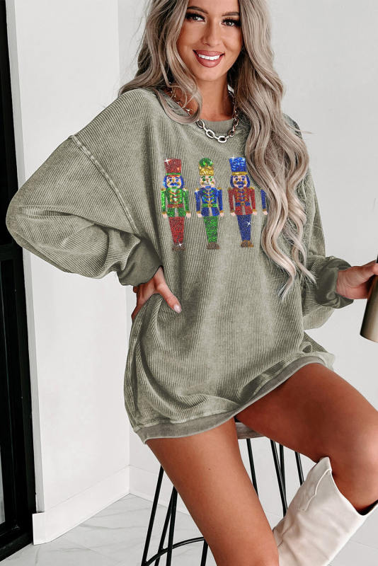 Green Sequined Nutcracker Doll Corded Baggy Sweatshirt
