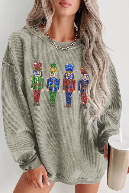 Green Sequined Nutcracker Doll Corded Baggy Sweatshirt