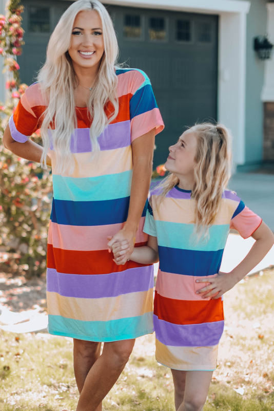 Mother and Daughter Matching Striped Side Split Adult T-shirt Dress