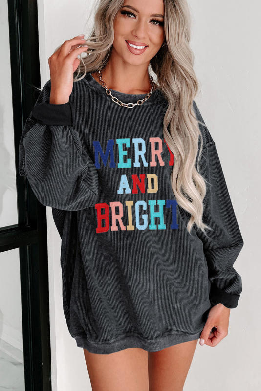 Black MERRY AND BRIGHT Embroidered Corded Sweatshirt