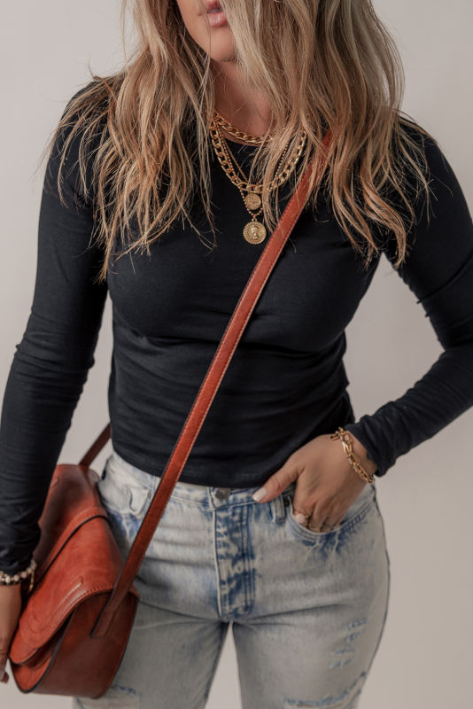 Black Solid Long Sleeve Slim Fit Tee