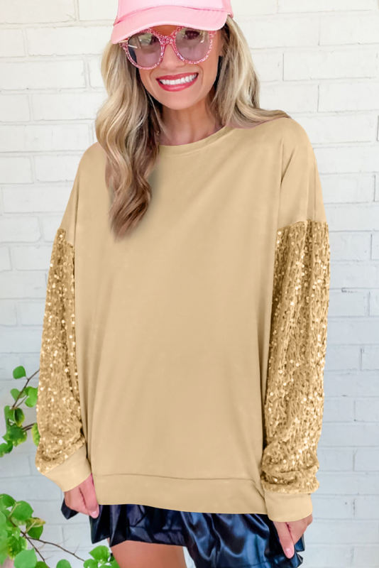 Pale Khaki Sequin Patchwork Long Sleeve Pullover Top