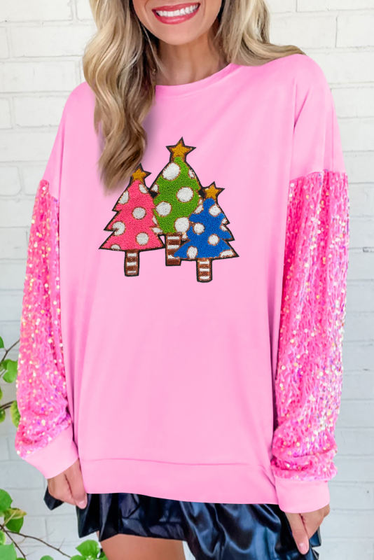 Pink Sequined Sleeve Christmas Tree Graphic Sweatshirt
