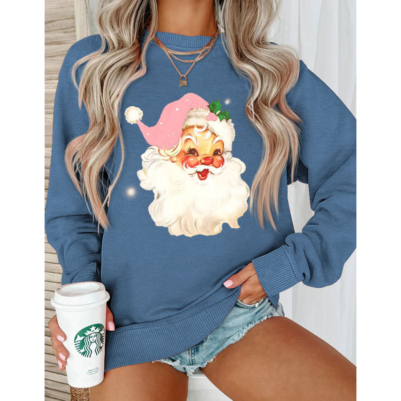 Blue Christmas Santa Claus Print Graphic Sweatshirt