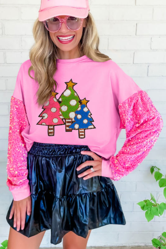 Pink Sequined Sleeve Christmas Tree Graphic Sweatshirt