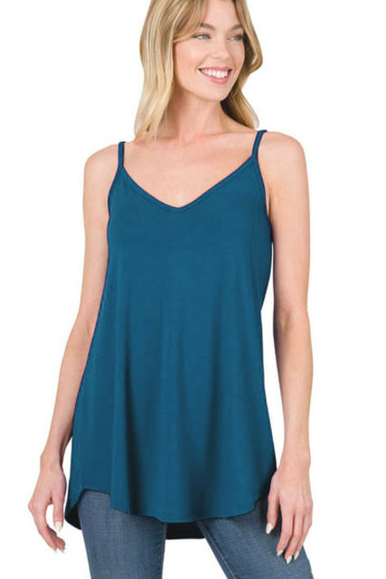 Peacock Blue Spaghetti Strap V-Neck Flowy Tunic Tank Top