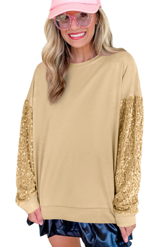 Pale Khaki Sequin Patchwork Long Sleeve Pullover Top