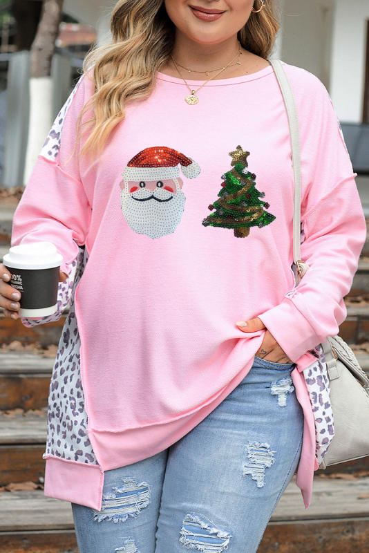 Pink Plus Size Sequined Christmas Graphic Leopard Patch Sweatshirt