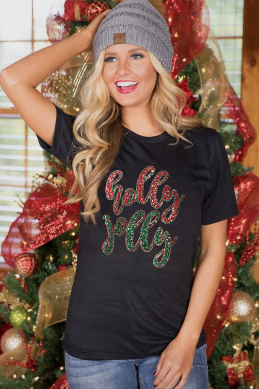 Black Christmas Sequined holly jolly Graphic Tee