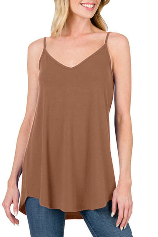 Chestnut Spaghetti Strap V-Neck Flowy Tunic Tank Top