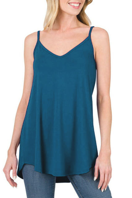 Peacock Blue Spaghetti Strap V-Neck Flowy Tunic Tank Top