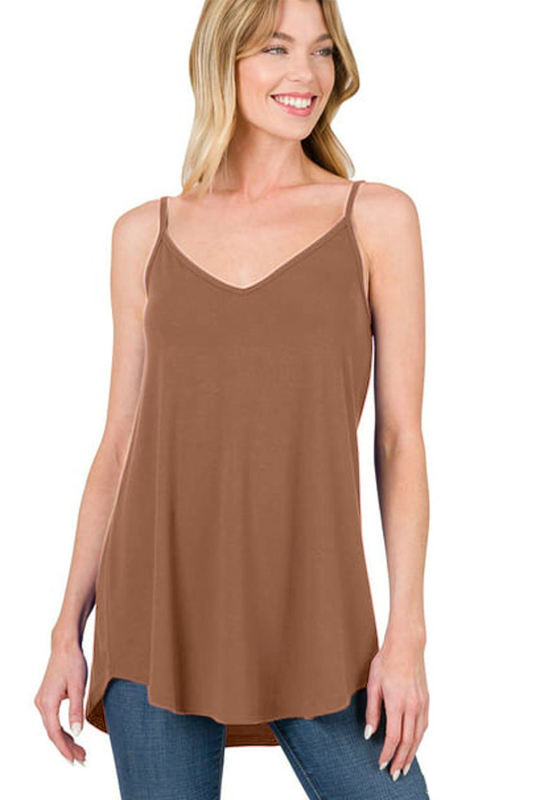 Chestnut Spaghetti Strap V-Neck Flowy Tunic Tank Top