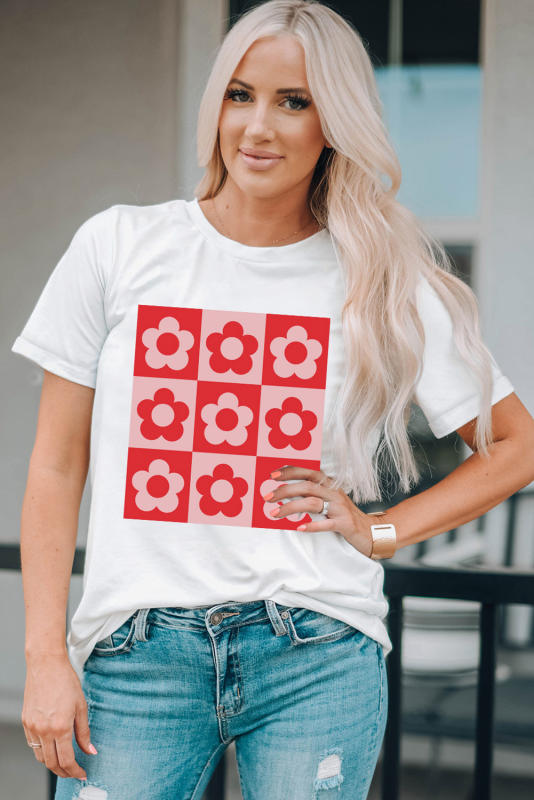 White Checkered Floret Print Casual T-shirt
