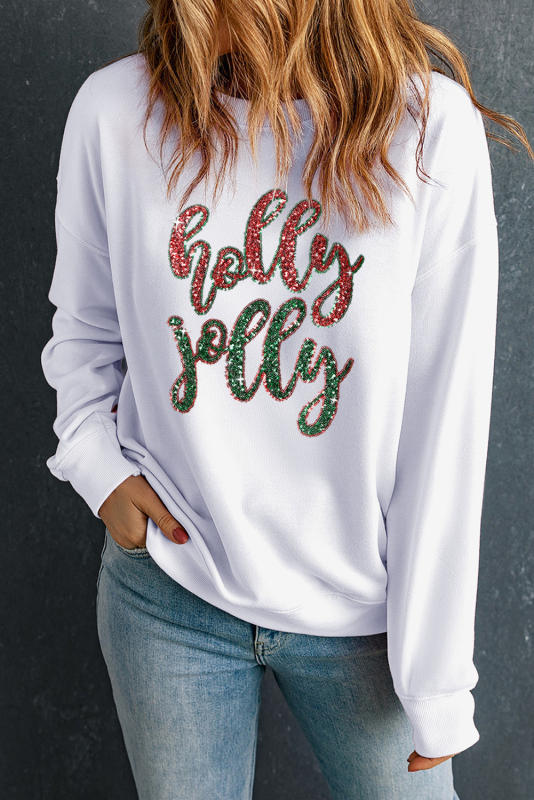 White Sequined holly jolly Graphic Christmas Sweatshirt