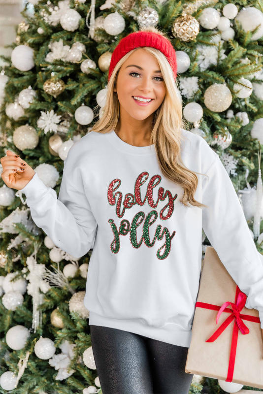 White Sequined holly jolly Graphic Christmas Sweatshirt