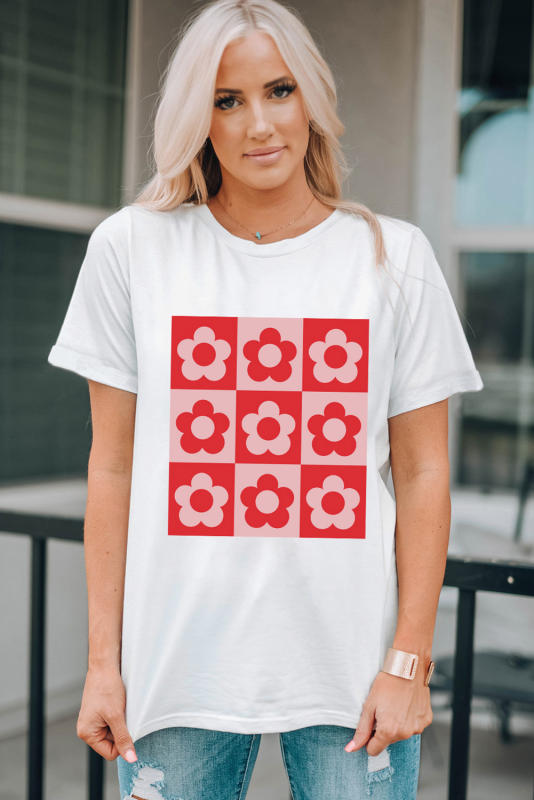 White Checkered Floret Print Casual T-shirt