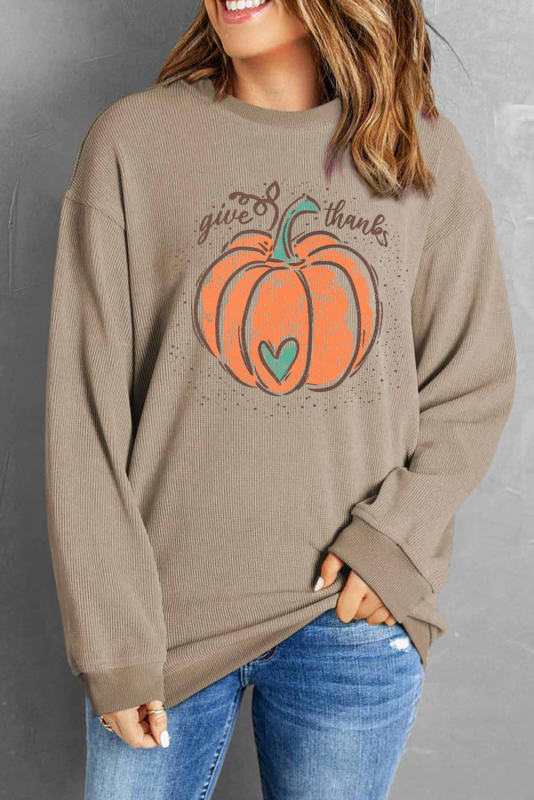 Khaki Give Thanks Pumpkin Graphic Corded Sweatshirt