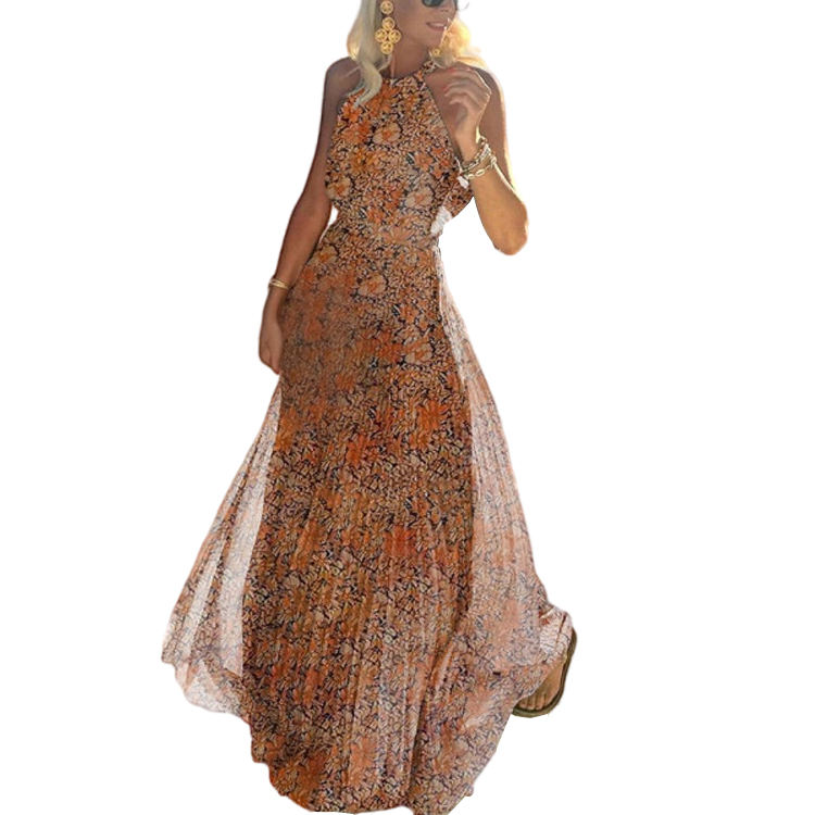 Orange Floral Print Sleeveless Chiffon Maxi Dress