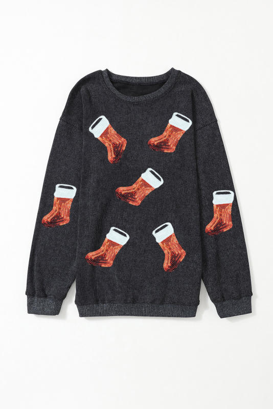 Black Christmas Boots Shining Graphic Corded Sweatshirt