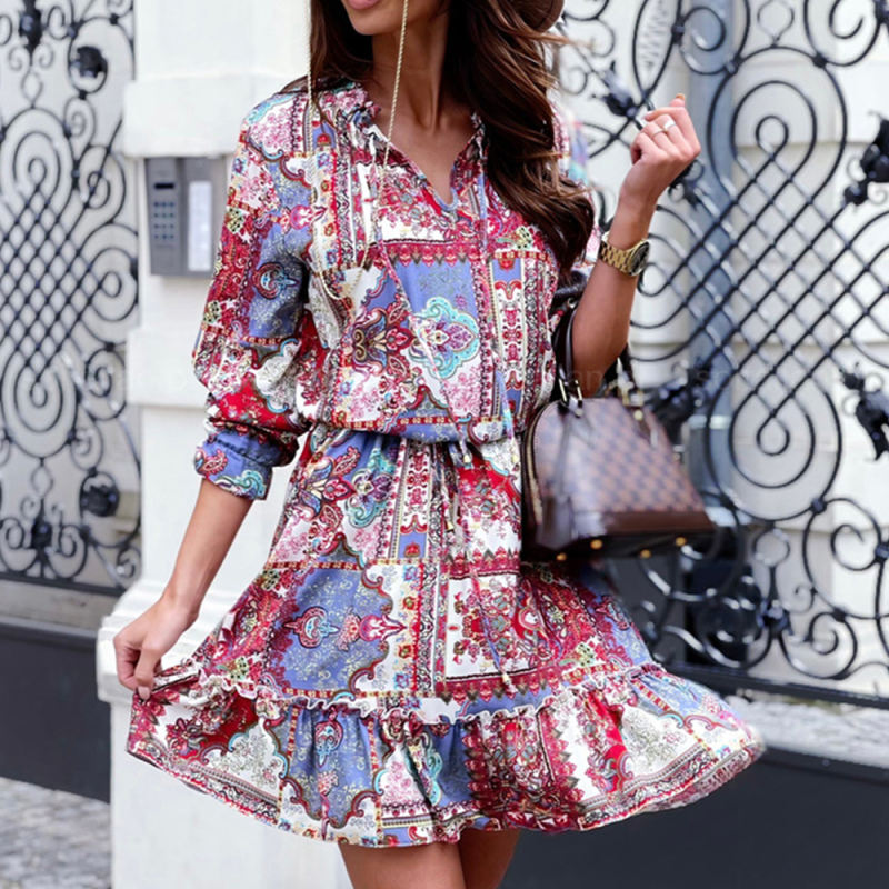 Multicolor  Ethnic Print Ruffle Detail Long Sleeve Dress