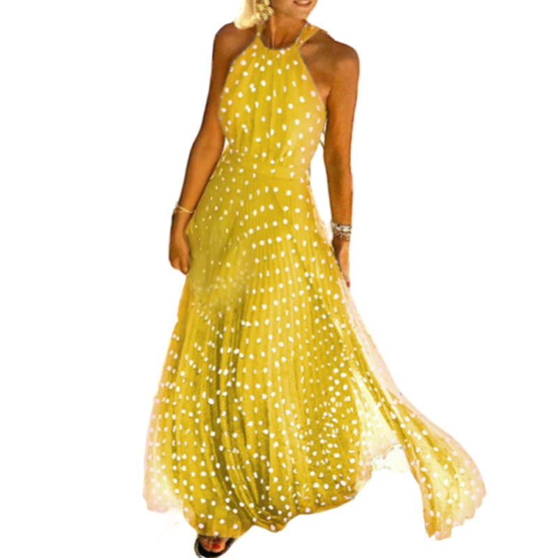 Yellow Polka Dot Sleeveless Chiffon Maxi Dress