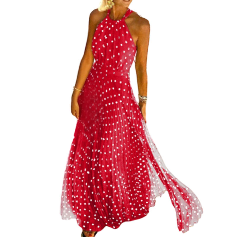 Red Polka Dot Sleeveless Chiffon Maxi Dress