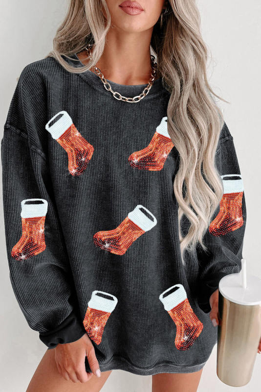 Black Christmas Boots Shining Graphic Corded Sweatshirt